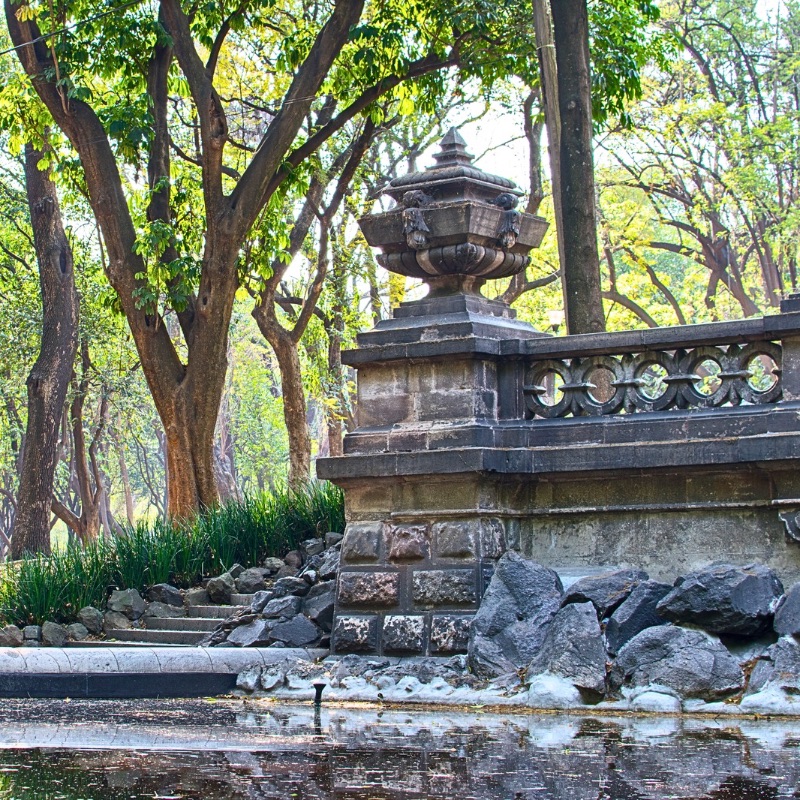 A historic stone balustrade with an ornate urn stands beside a tranquil pond in Chapultepec Park. Lush green trees with twisting branches surround the scene, casting dappled sunlight on the weathered stone and scattered rocks below. A small set of stone steps leads up through the greenery.