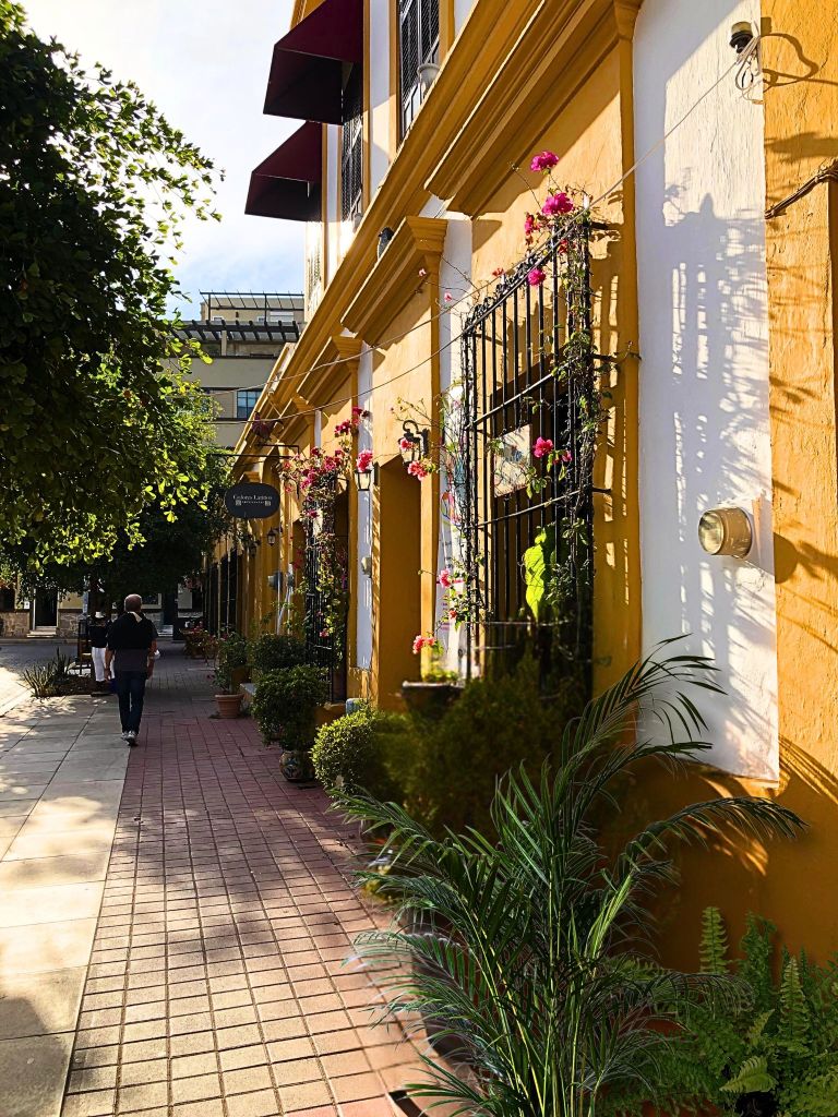 Colonial mustard-yellow building in Mazatlán’s historic center with white window frames, bougainvillea flowers, potted plants, and two people walking down a sunlit sidewalk.
