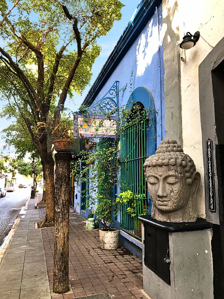A stone Buddha head sculpture in front of a blue colonial building in Mazatlán’s historic center, and green wrought iron window bars entwined with vines.