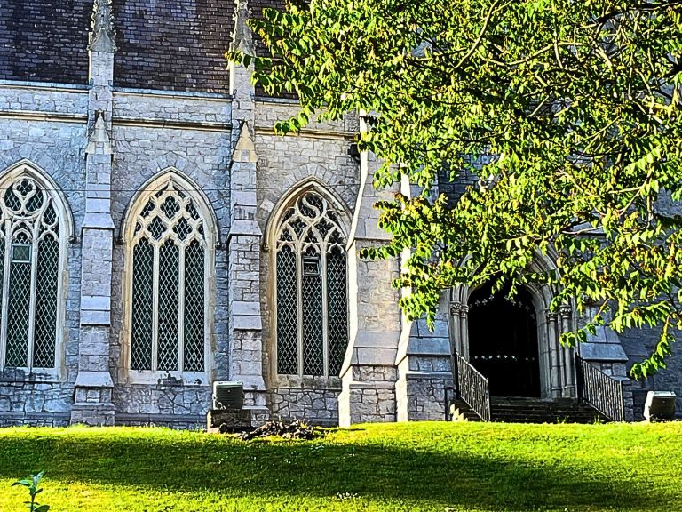 Side view of Trinity Presbyterian Church in Cork, Ireland, with pale grey limestone walls, tall Gothic-arched windows, and a grassy slope in the foreground partially shaded by a leafy tree. A carved entrance with a closed black iron gate is tucked to the right.
