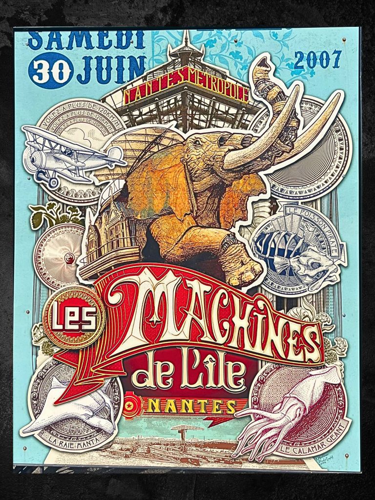 Vintage-style poster of Le Grand Éléphant at Les Machines de l’Île Nantes, with passengers riding as steam puffs from its trunk and sepia-toned industrial artwork.