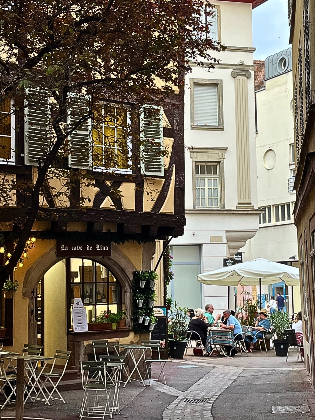 Half-timbered wine bar La Cave de Lina in Colmar’s old town, with green shutters, flower pots, and café tables on a cobblestone street under burgundy tree branches.