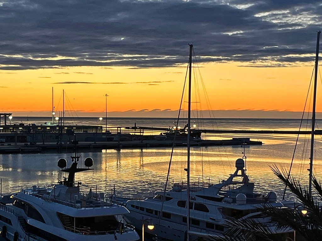 Sunrise over Dénia marina with amber and blue sky, silhouetted sailboat masts, calm water reflections, low clouds, and palm fronds in the foreground.