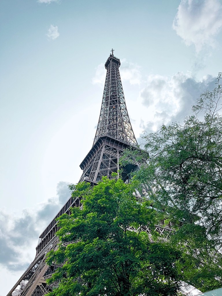 Low-angle shot of the Eiffel Tower with overhanging trees and dramatic clouds.