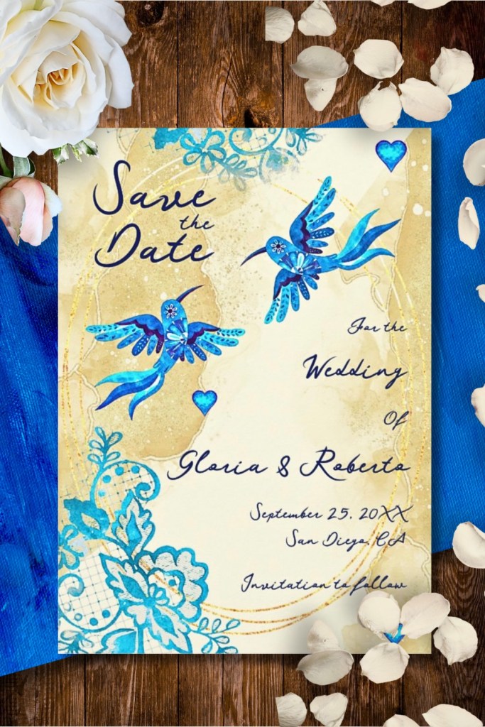 Save the Date card from the Blue Hummingbird Baroque Wedding Suite with watercolor hummingbirds, golden filigree accents, and intricate lace details inspired by Mexican Baroque art.