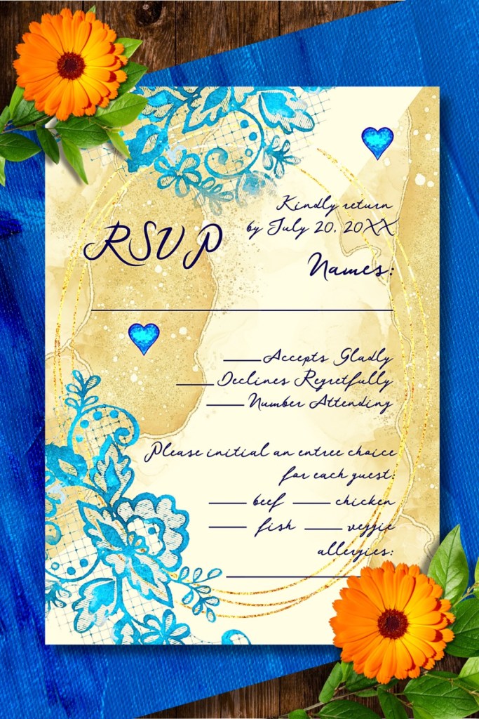 RSVP wedding card with turquoise and cobalt floral lace, Mexican-inspired watercolor patterns, and hand-painted blue hearts, part of the Blue Hummingbird Baroque Wedding Suite.