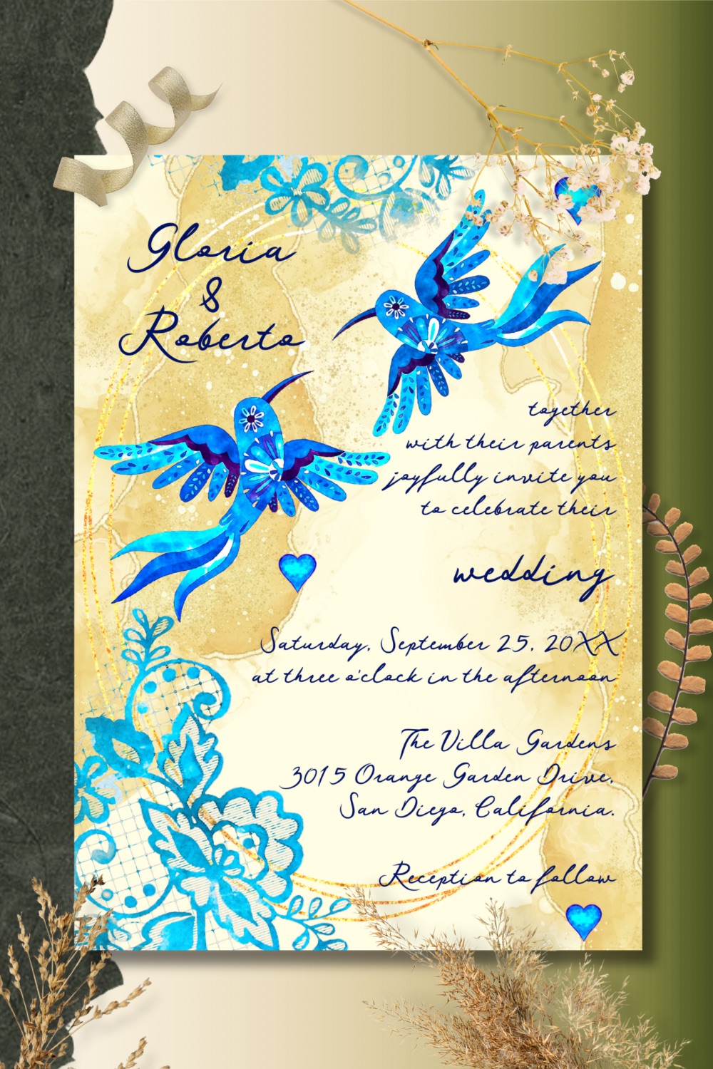 Mexican Baroque wedding invitation with vivid blue hummingbirds, gold watercolor background, and floral folk motifs — a joyful and artistic design.