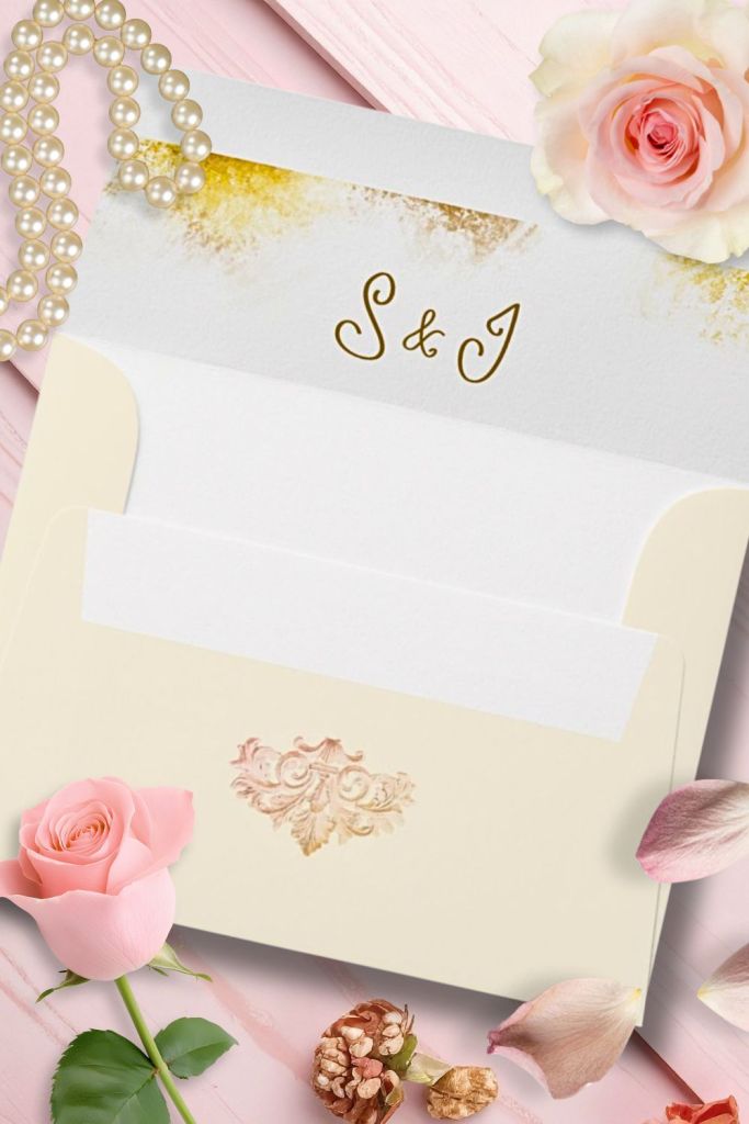 Luxury wedding envelope set with pink and gold Baroque liner, monogram initials “S & J,” and soft rose styling, perfect for romantic or vintage weddings.