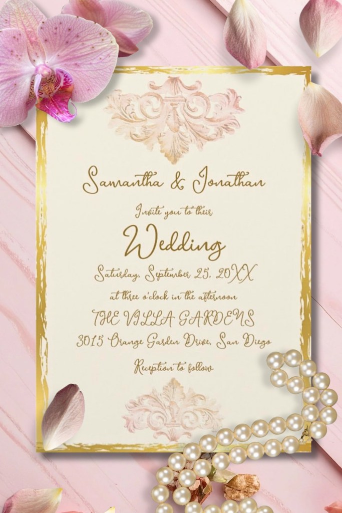 Romantic blush and gold wedding invitation with soft Baroque scrolls, pearl accents, and orchid petals — a classic, luxurious design.