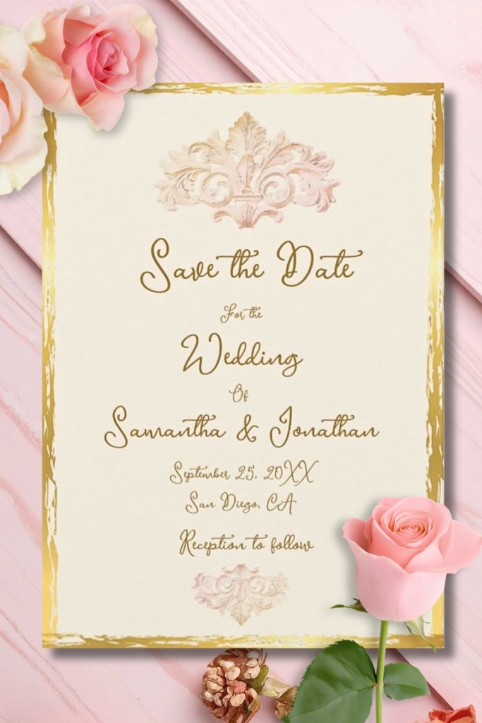 Blush and gold Baroque Save the Date card with ornate scrollwork, champagne border, and elegant calligraphy, styled with pink roses on a pastel background.