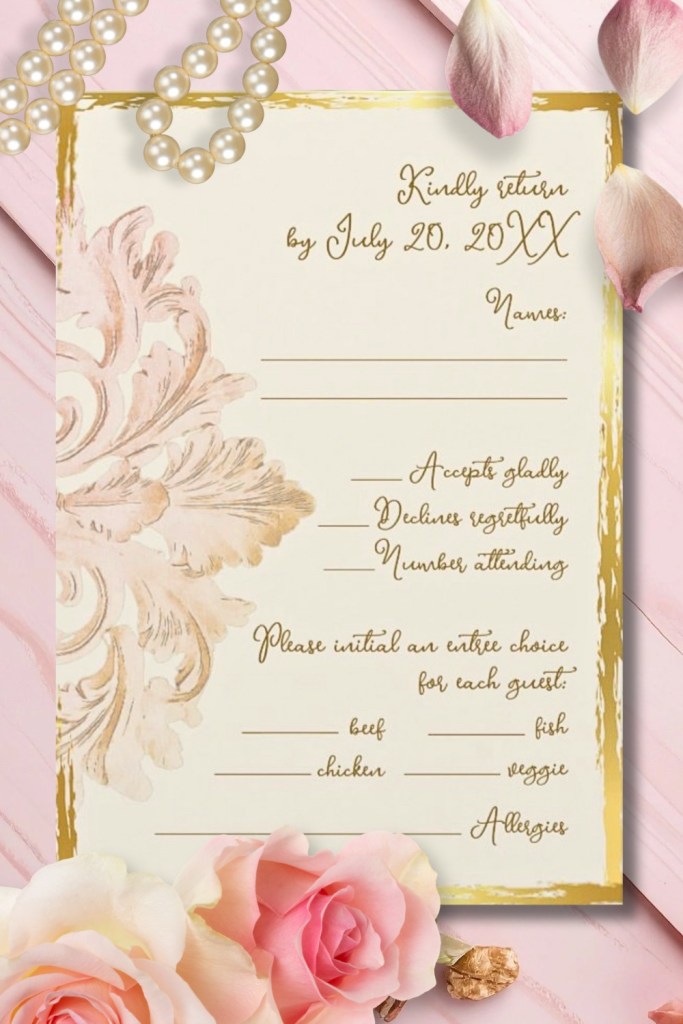 Romantic RSVP card with blush floral scrolls, gilded edges, and calligraphy text, part of the Blush and Gold Baroque Wedding Invitation Suite.