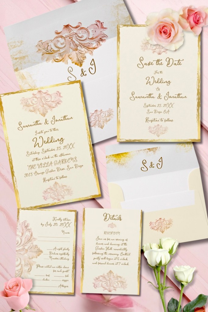 Elegant blush and gold Mexican Baroque wedding invitation suite with pearl details, ornate scrolls, and soft pink roses — timeless design for romantic celebrations.