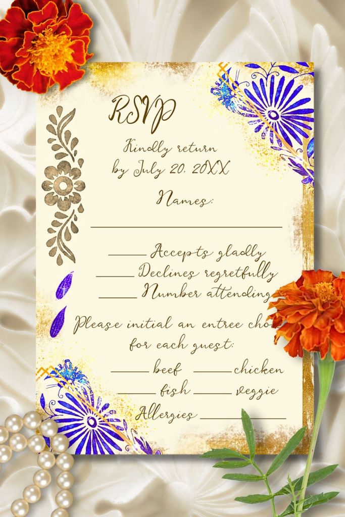 Romantic RSVP card with blush floral scrolls, gilded edges, and calligraphy text, part of the Blush and Gold Baroque Wedding Invitation Suite.