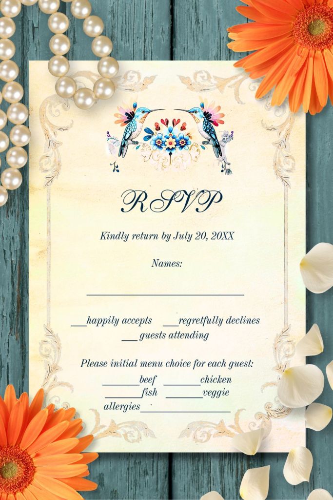 RSVP card from the Mexican Folk Art Hummingbird Wedding Suite, with delicate scroll corners, bright watercolor florals, and blue hummingbirds symbolizing love and happiness.