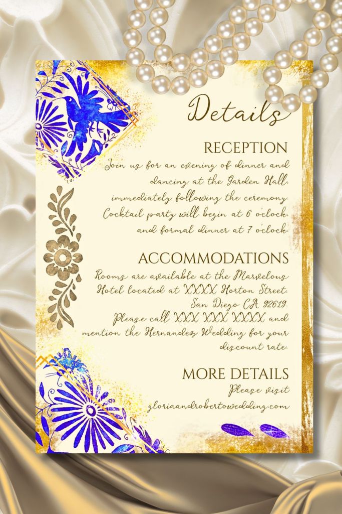 Blush and gold wedding details card with Baroque scrolls, champagne-tone accents, and graceful lettering, styled with orchids and pearls.