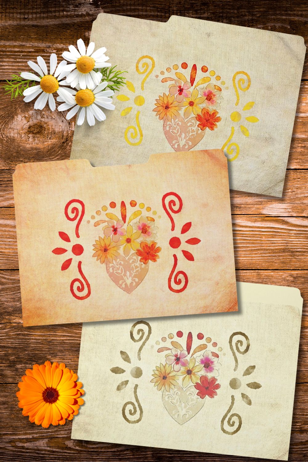 Sacred Floral Heart Mexican Baroque file folders in ochre, red, and gold tones with watercolor floral heart and vintage hacienda paper texture.