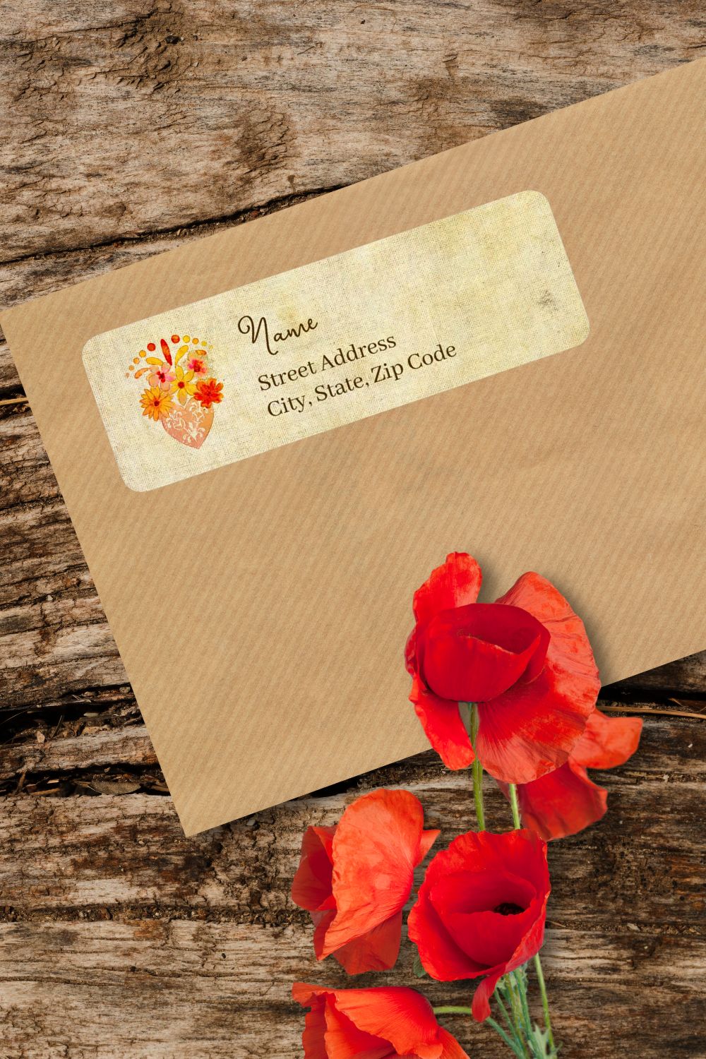 Sacred Floral Heart Mexican Baroque return address label with watercolor sacred heart flowers and vintage paper texture on a rustic kraft envelope.