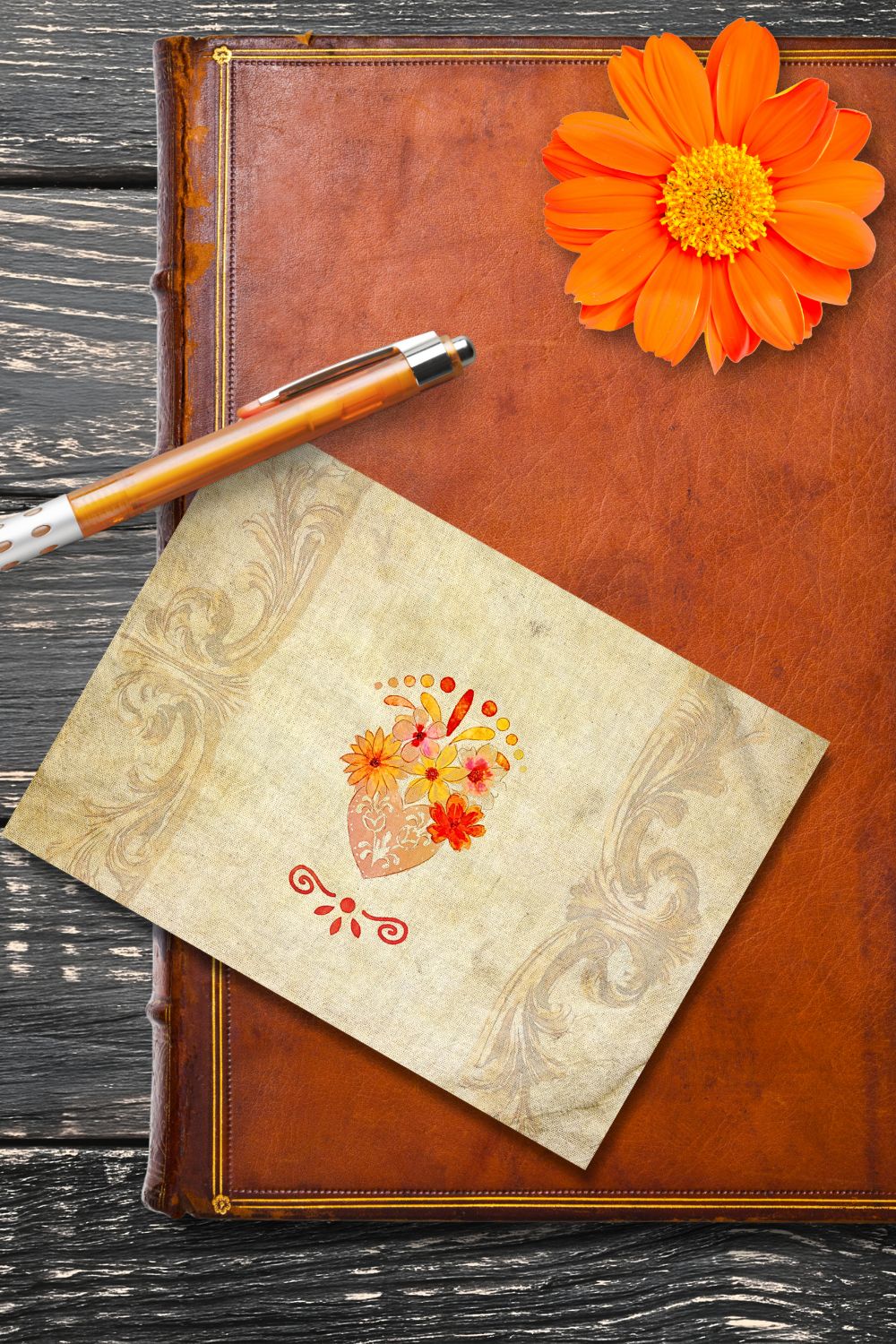 Sacred Floral Heart Mexican Baroque note card with watercolor sacred heart and marigold floral design on vintage parchment background, accented by an orange daisy.