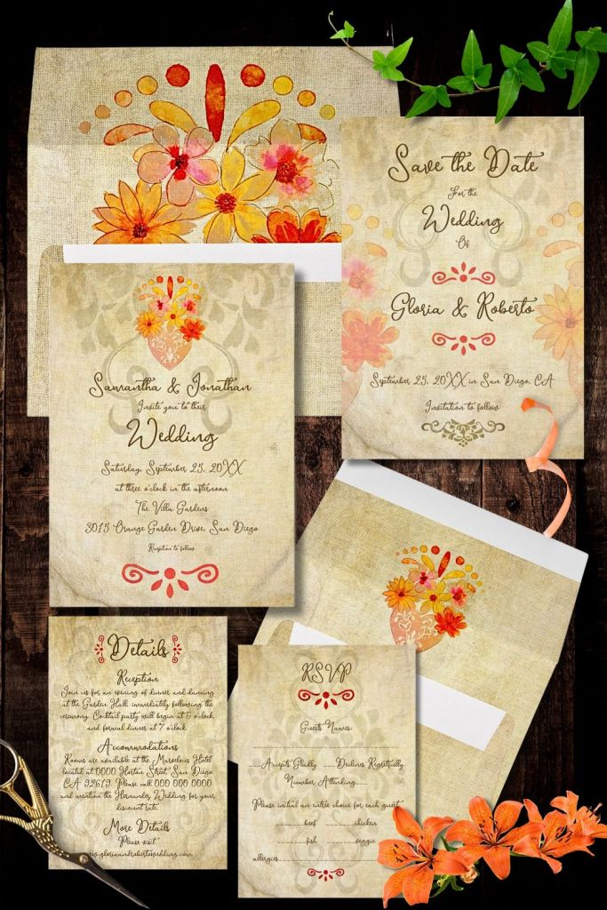 Terracotta and linen-textured Mexican Baroque wedding invitation suite with hand-painted florals and sacred heart motif — warm, rustic, and romantic design.
