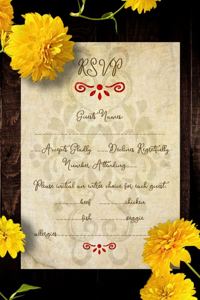 Sacred Heart Baroque Vintage RSVP card with red ornamental flourishes, taupe scrolls, and linen texture, surrounded by bright yellow marigolds on a dark wood background.
