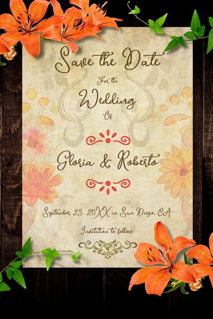 Rustic Save the Date card featuring Baroque floral scrolls, watercolor flowers in coral and gold, and red sacred heart motifs with orange lilies on a dark wooden background.