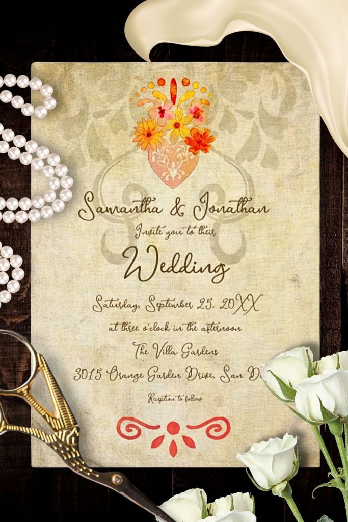 Vintage Baroque wedding invitation featuring a hand-painted Sacred Heart bouquet, ornate red scrolls, and elegant brown script on an antique linen background, styled with pearls and white roses.