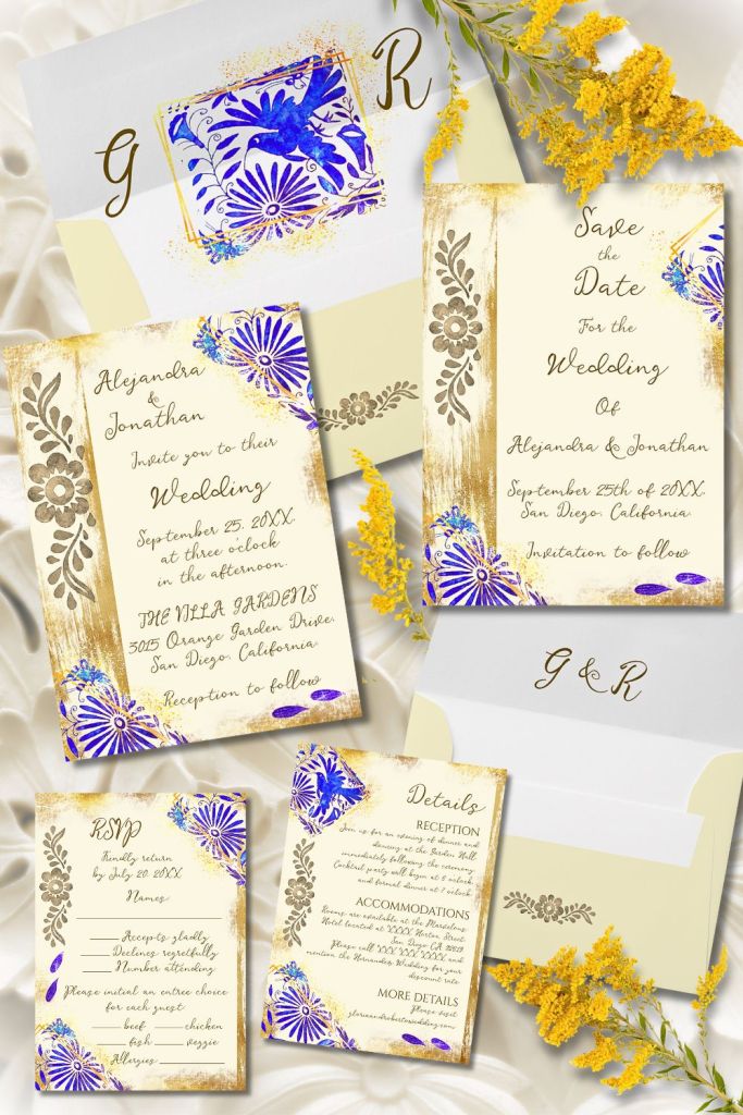 Gold and indigo Mexican Baroque wedding invitation suite inspired by Otomi art, with blue floral patterns and hand-painted textures.