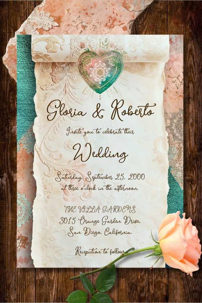 Vintage baroque wedding invitation featuring an embossed scroll background, torn parchment edges, and a teal-rose sacred heart emblem at the top, styled with textured lace layers, turquoise fabric, and a soft peach rose on rustic wood.