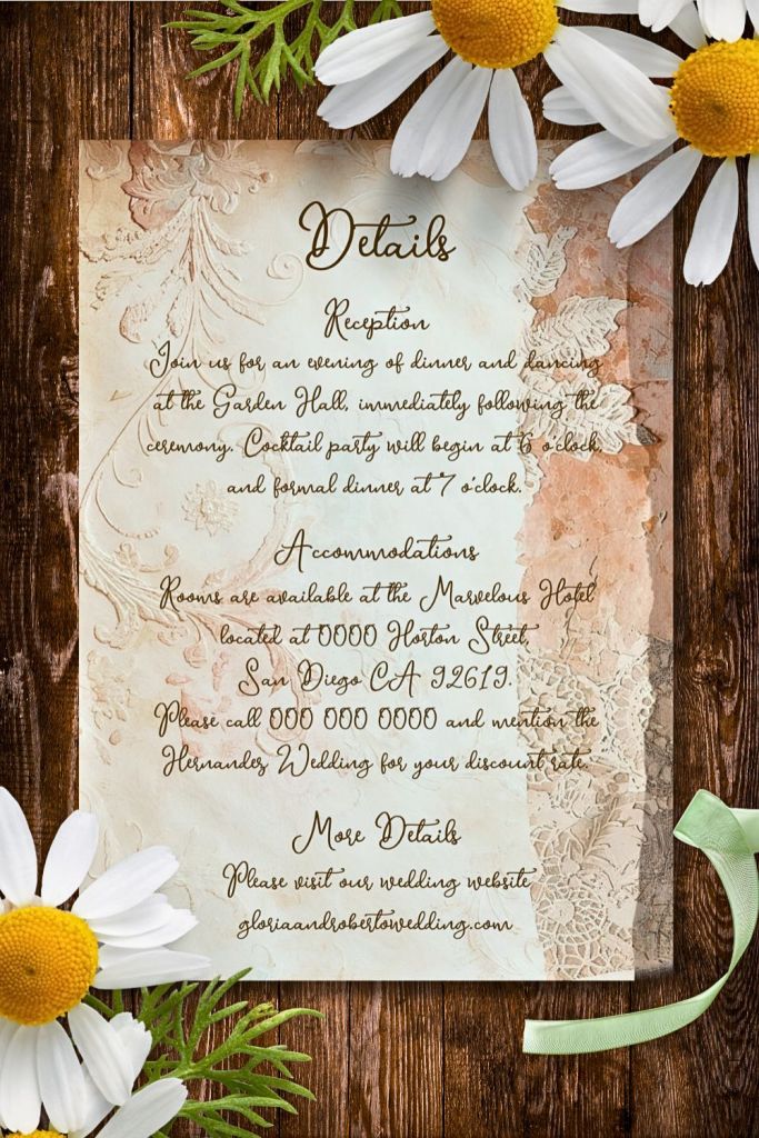 Vintage details card with baroque plaster textures, lace overlays, warm blush and cream tones, and daisy flowers.