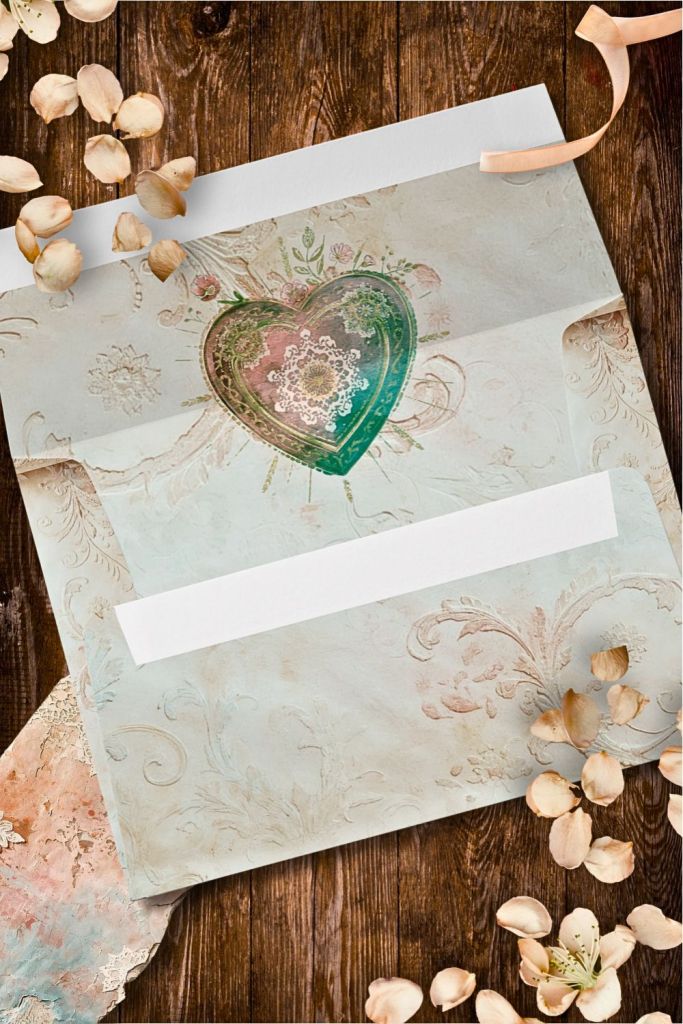 Cream envelope featuring embossed baroque patterns and a central teal sacred heart surrounded by floral details.