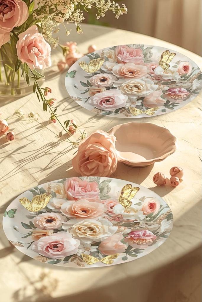 9-inch round paper plate with blush roses, peonies, butterflies, and pastel floral design