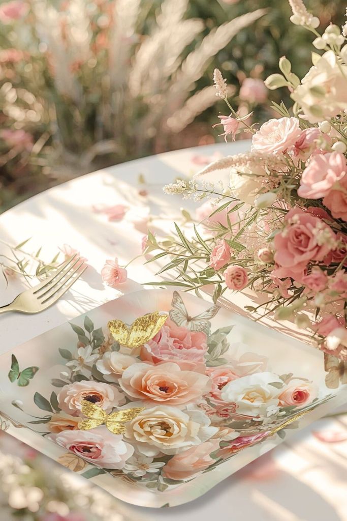9-inch square paper plate with blush garden roses, butterflies, and rococo floral design
