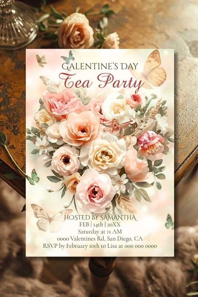 Galentine’s tea party invitation with blush roses, peonies, butterflies, and soft pastel background