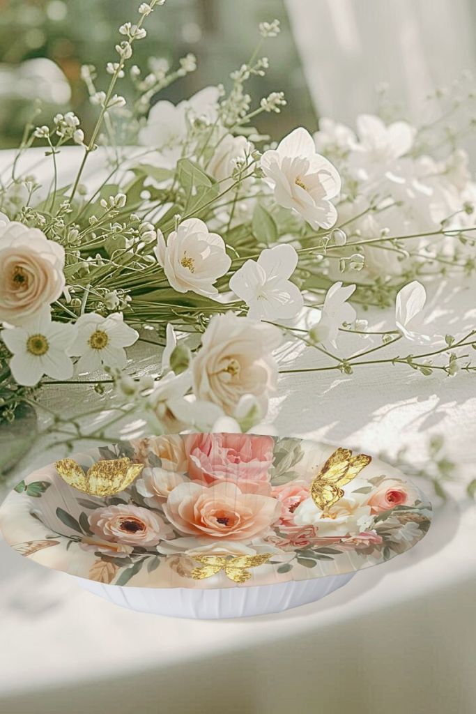 Round paper bowl with blush roses, peonies, butterflies, and pastel floral illustration