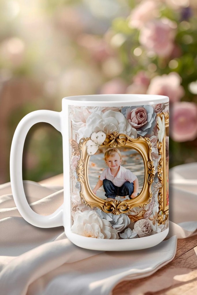 Coffee mug with gold baroque frame surrounded by ivory floral collage