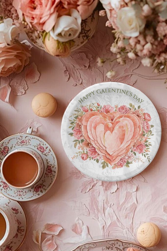 7-inch round paper plate featuring a floral heart motif with blush roses