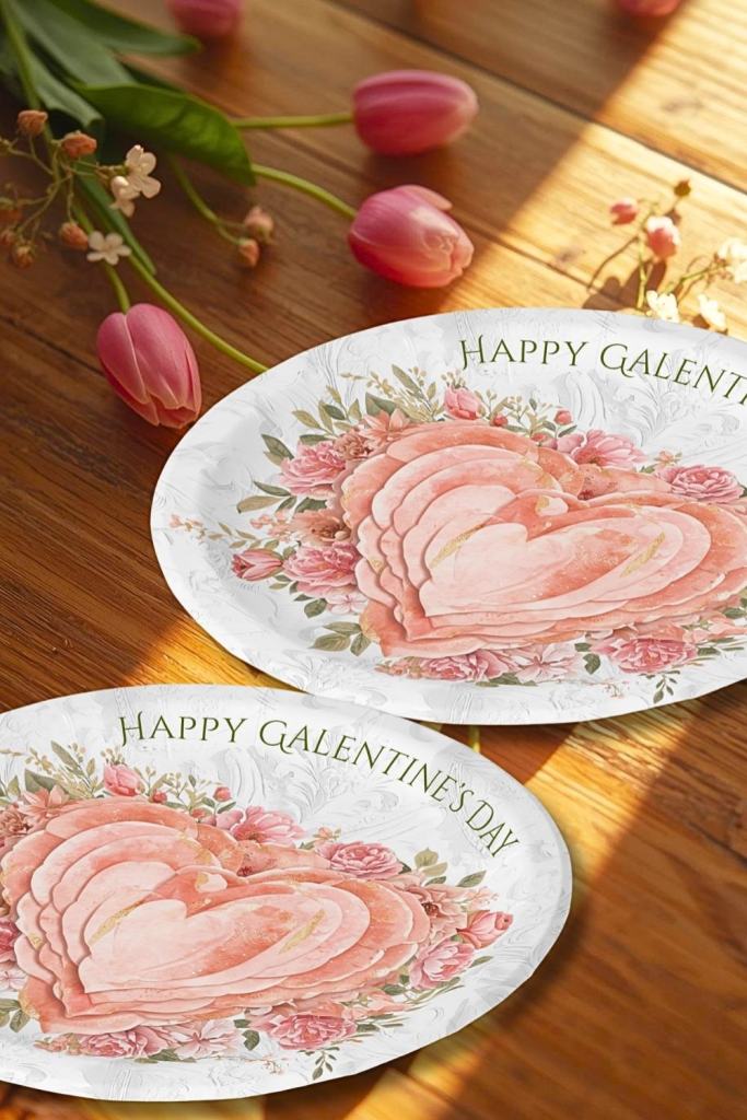 9-inch round paper plate with floral heart design and blush garden roses