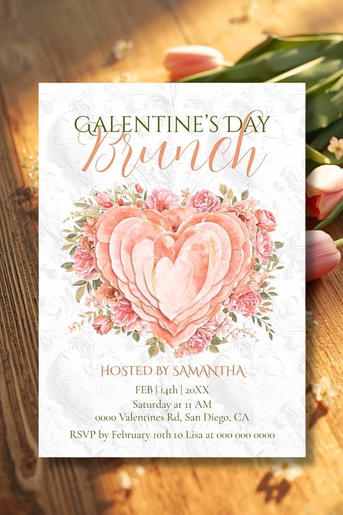 Floral heart Galentine’s Day brunch invitation with blush roses and embossed rococo background
