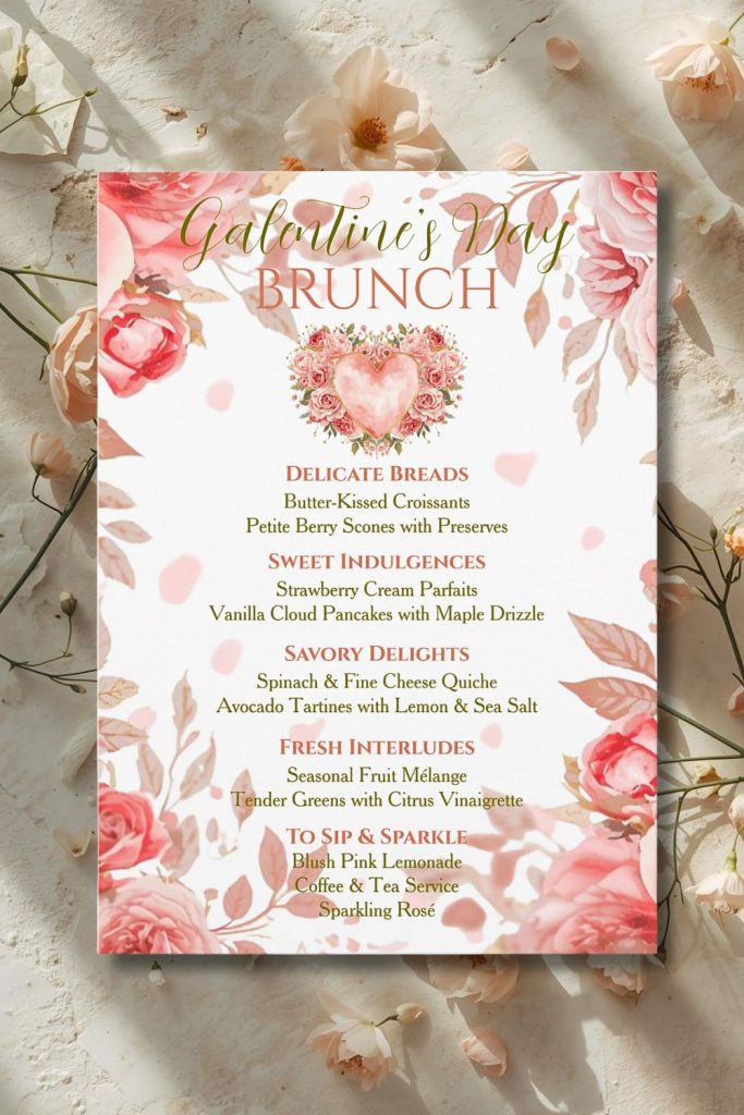 Floral heart Galentine’s brunch menu card with blush roses and ivory embossed background