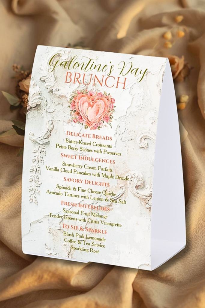 Galentine’s Day brunch menu table tent with floral heart design and blush garden roses