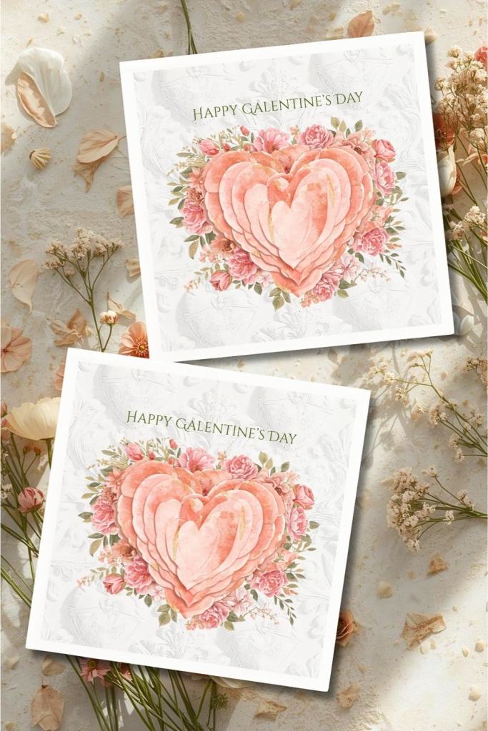 Paper napkin with floral heart motif and blush garden roses