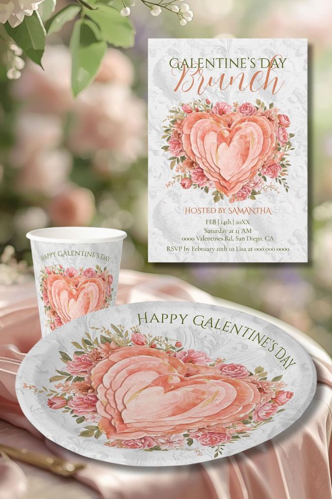 Galentine’s Day brunch invitation with Rococo heart paper plate and cup