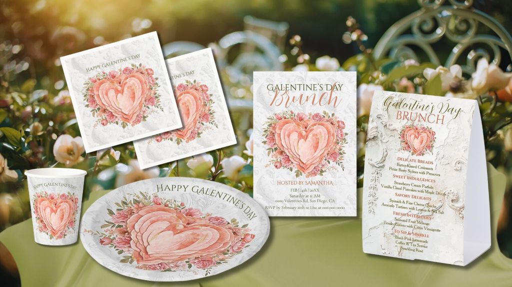 Galentine’s Day brunch table setup with floral heart invitation, menus, plates, cups, and napkins
