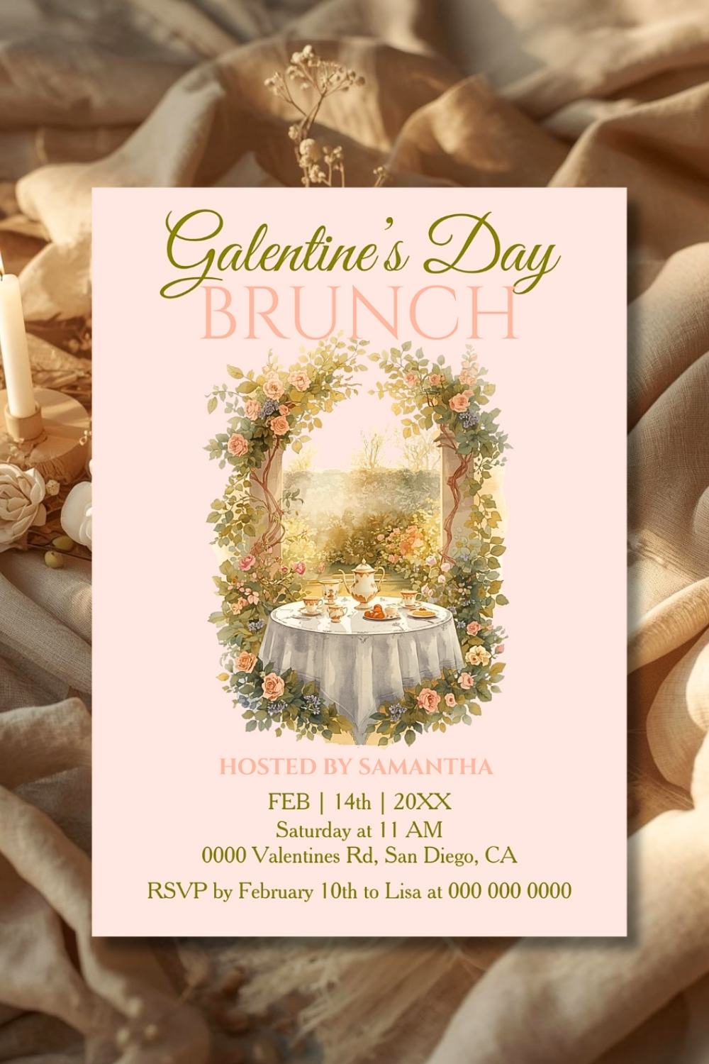Galentine’s Day brunch invitation with Rococo garden tea table illustration