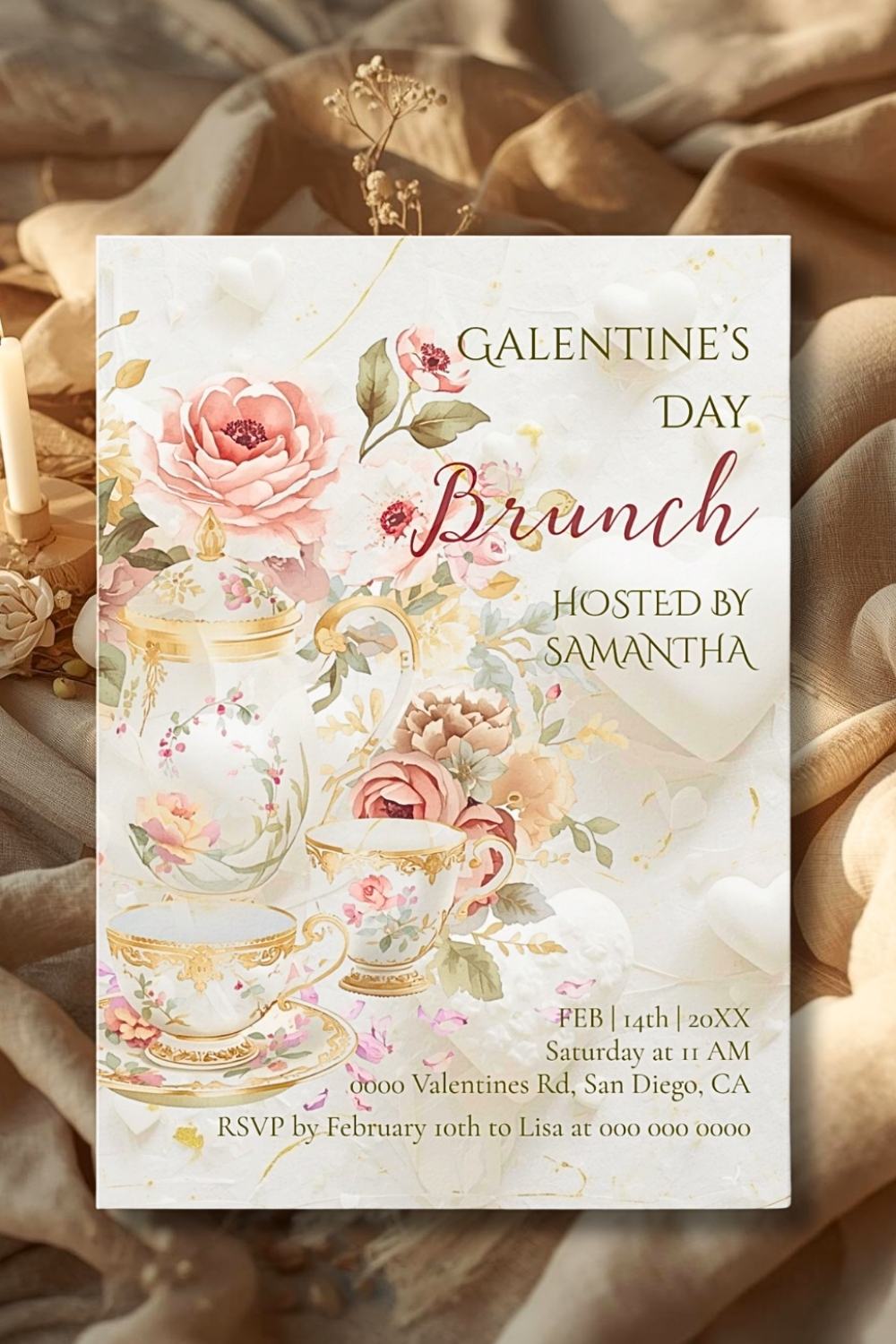 Galentine’s Day brunch invitation with vintage teacups and soft floral design
