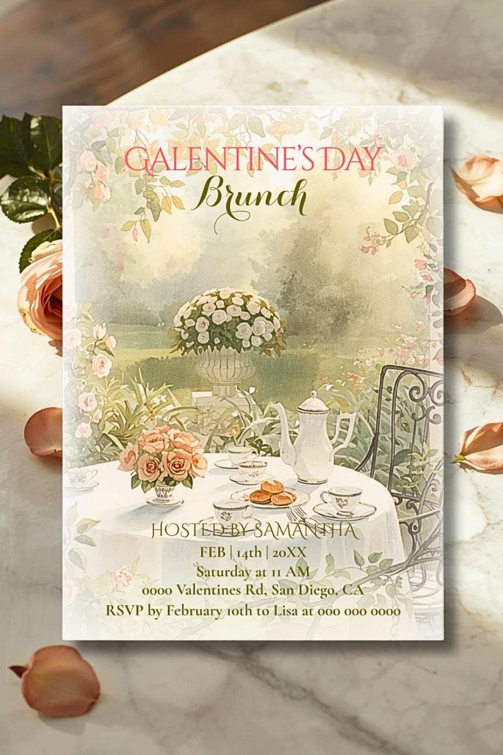 Galentine’s Day brunch invitation with garden tea table illustration