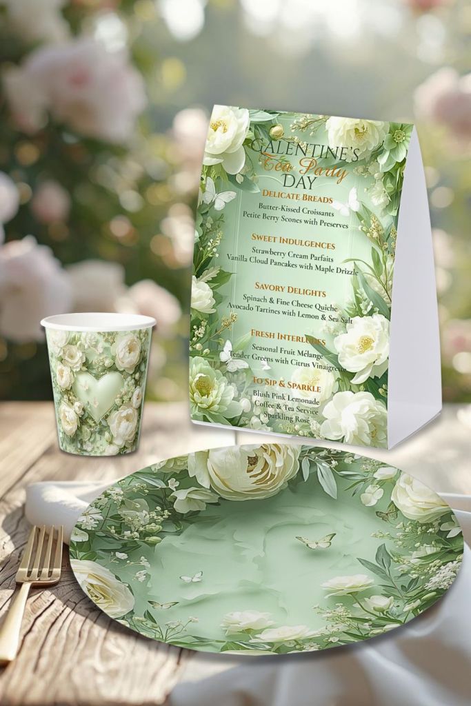 Galentine’s Day green rococo tea party table with floral plate, menu card, and garden setting in soft sunlight