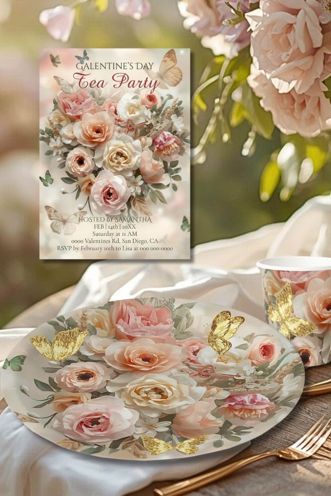 Galentine’s Day rococo tea party table with floral plate, gold cutlery, and garden menu card in soft daylight