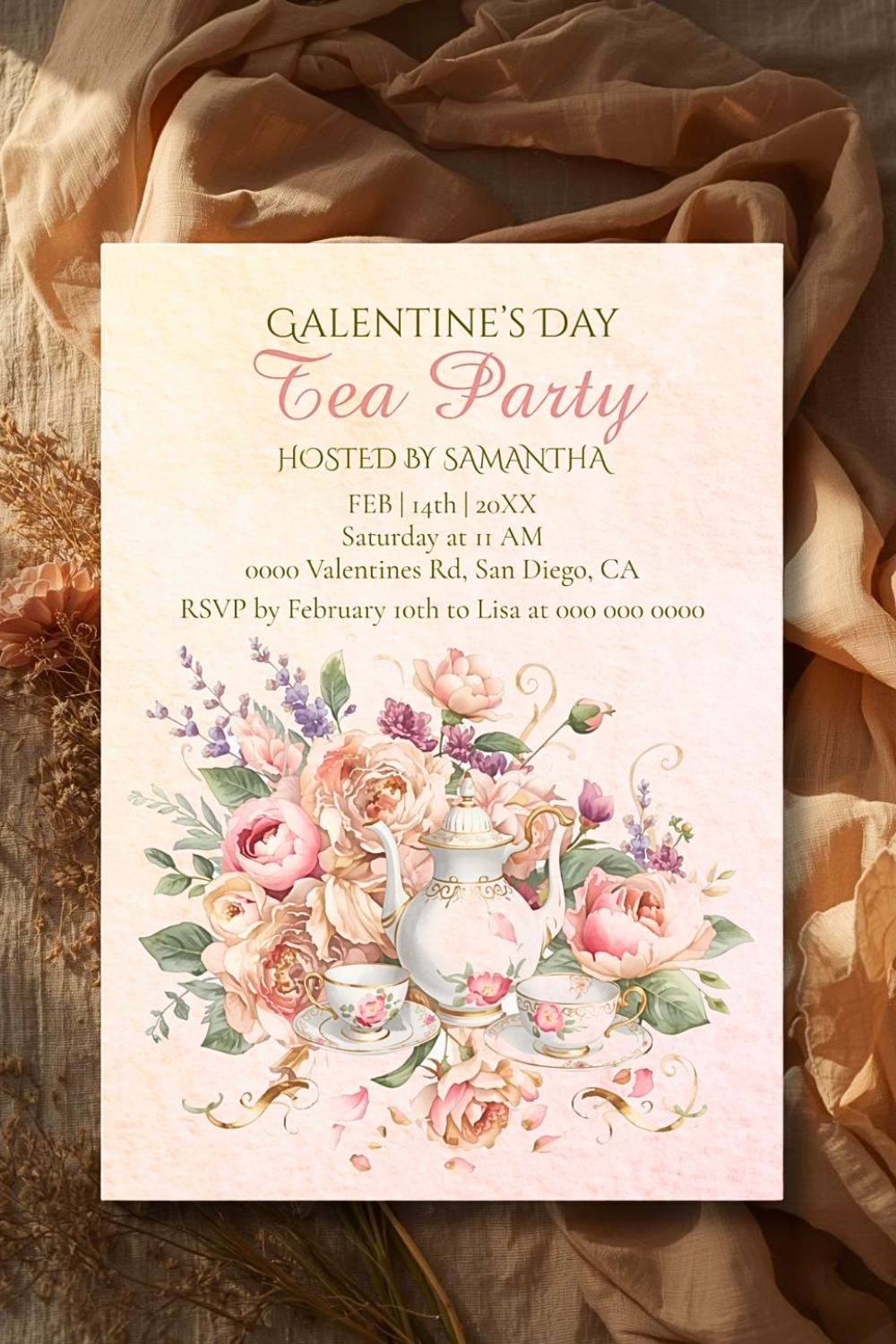 Galentine’s Day tea party invitation with vintage teapot and floral bouquet
