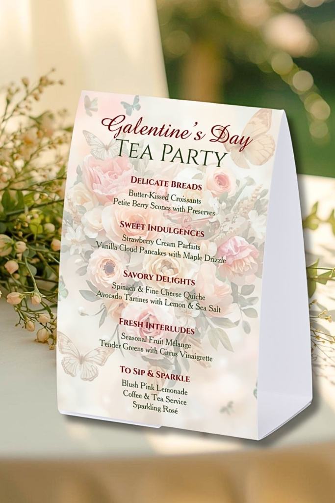 Galentine’s Party Menu with blush roses, butterflies, ivory background, and Rococo garden floral design